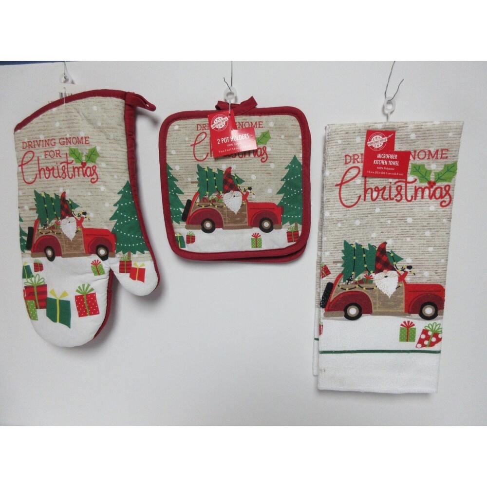 4 Piece Set Driving Gnome for Christmas 1 Dish Towel & 2 Potholder &1 OvenMitt